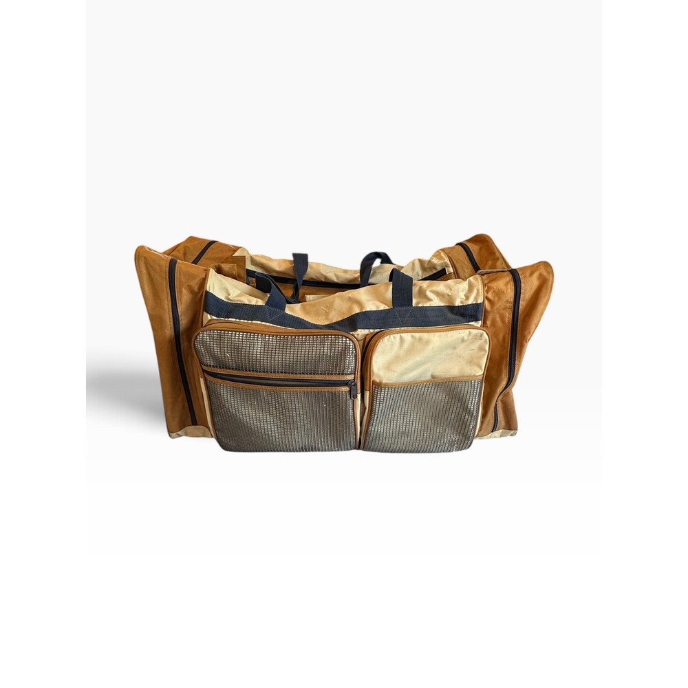 Vintage Duffel Bag Extra Large 30" Tan Brown Mesh Pockets Utility Travel
